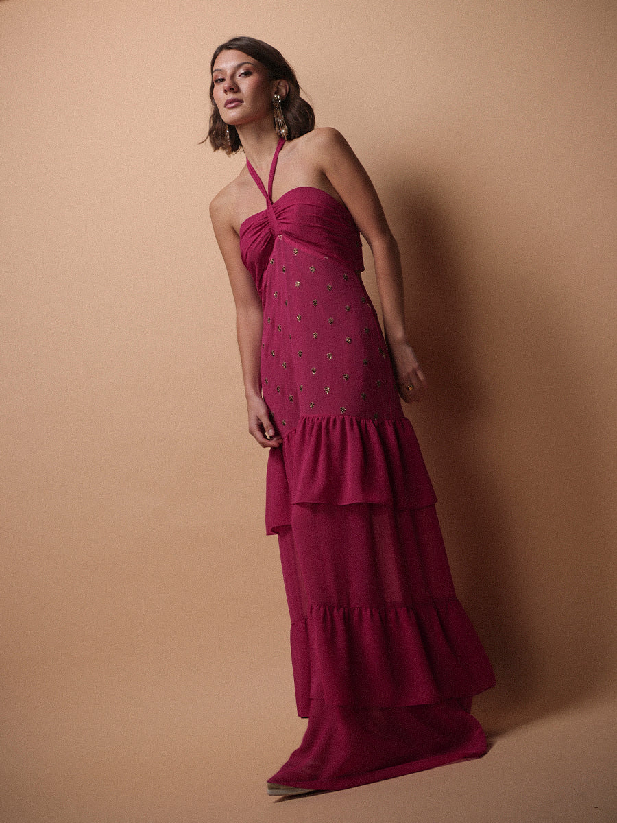 VESTIDO SEVILLA FULL BORDADO + LAZO FUCSIA