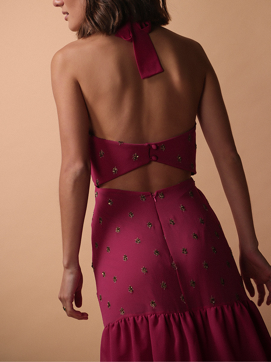 VESTIDO SEVILLA FULL BORDADO + LAZO FUCSIA