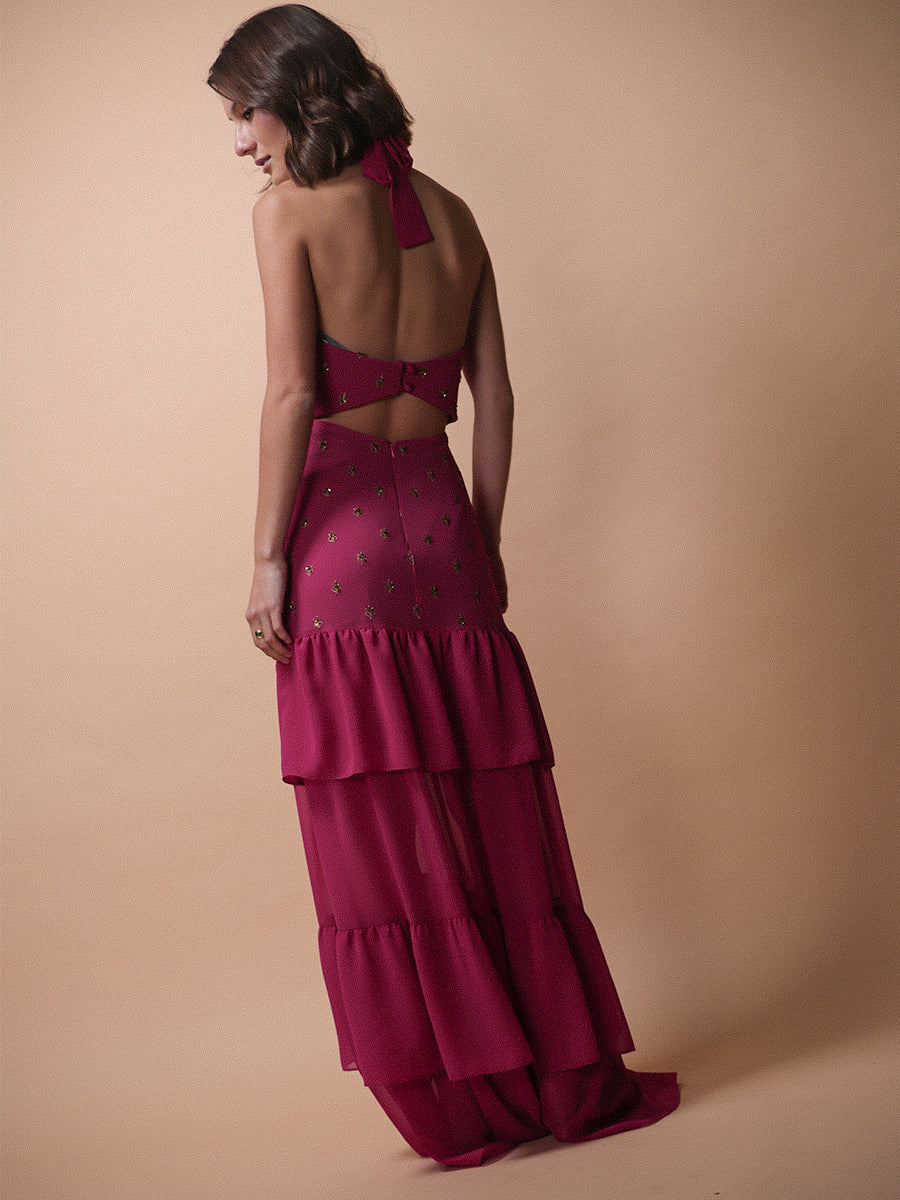 VESTIDO SEVILLA FULL BORDADO + LAZO FUCSIA
