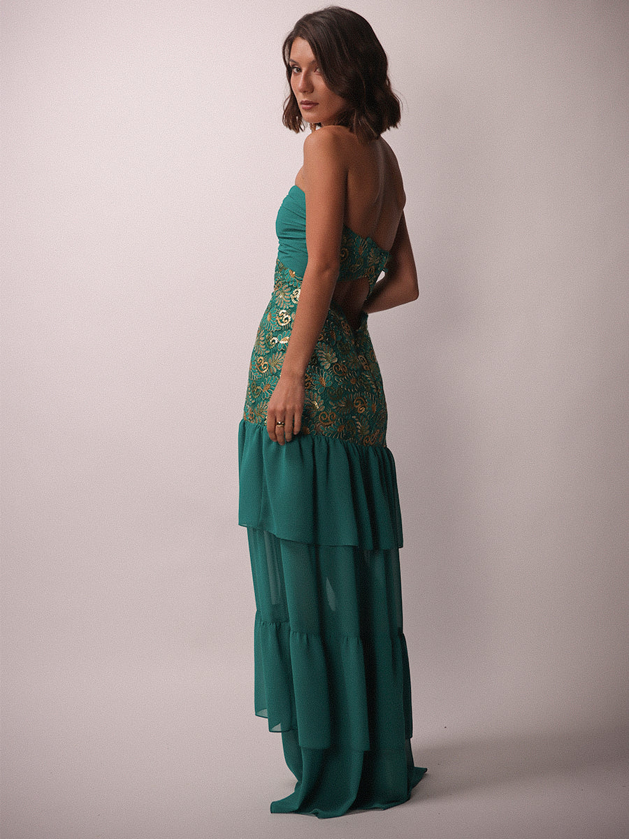 VESTIDO SEVILLA FULL BORDADO + LAZO TURQUESA