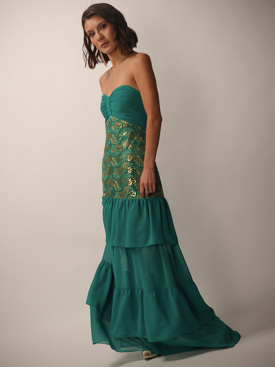 VESTIDO SEVILLA FULL BORDADO + LAZO TURQUESA